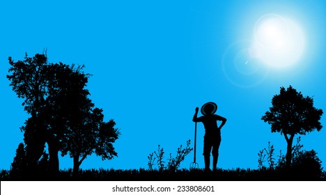Vector silhouette of a gardener working in the garden.