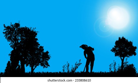 Vector silhouette of a gardener working in the garden.