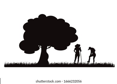 Vector silhouette of gardener working on the garden on white background. Symbol of farm and field.