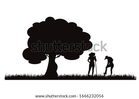 Vector silhouette of gardener working on the garden on white background. Symbol of farm and field.