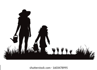 Vector Silhouette Of Gardener Works On Garden. Symbol Of Girl, Family, Mother, Child, Tool, Work, People, Field, Farm, Care.