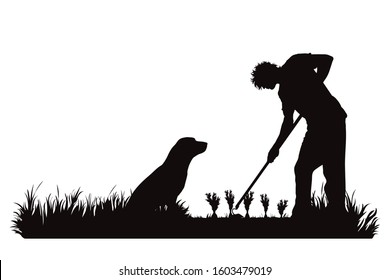 Vector silhouette of gardener works on garden. Symbol of boy, tool, dog, work, people, field, farm, care.