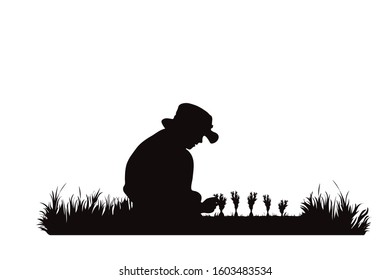 Vector silhouette of gardener works on garden. Symbol of boy, child, tool, work, people, field, farm, care.