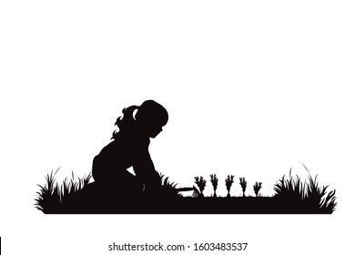 Vector silhouette of gardener works on garden. Symbol of girl, child, tool, work, people, field, farm, care.