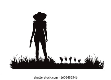 Vector silhouette of gardener works on garden. Symbol of girl, tool, work, people, field, farm, care.