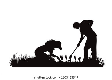 Vector silhouette of gardeners works on garden. Symbol of girl, boy, couple, team, tool, work, people, field, farm, care.