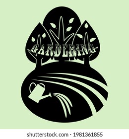 Vector silhouette of gardering sign poster logo with the trees, farm fields and water is pouring from the watering can. Trendy Gardering concept logo vector stencils isolated on light blue.