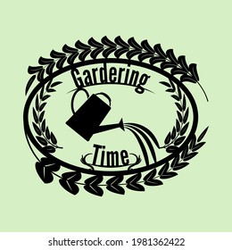 Vector silhouette of gardering time sign poster for logo with the leaves branches around and water is pouring from the watering can on the middle.