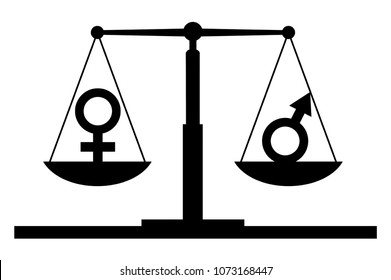 Vector silhouette of gender symbols on the scales of justice where the female symbol predominates. The notion of the superiority of women over men