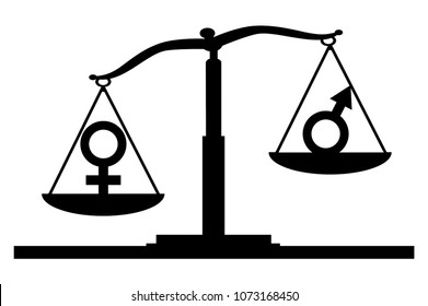 Vector silhouette of gender symbols on the scales of justice where the female symbol predominates. The notion of the superiority of women over men