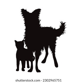 Vector silhouette of German Shepherd with cat on white background. Symbol of dog and pet.