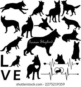 Vector Silhouette of a German Shepherd on a White Background.	
