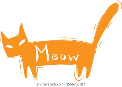 Vector silhouette of a ginger cat in a minimalistic Scandinavian catroon style. The cat is alarmed and trembling, and inside its silhouette there is a caligraphic inscription "Meow".