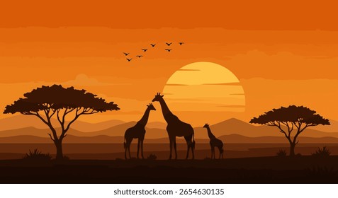 Vector Silhouette of Giraffe Duo in Serene African Savanna at Sunset with Acacia Trees, Warm Gradient Sky, and V-Formation Bird Flock