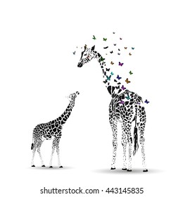 Vector silhouette of  giraffe with her baby.