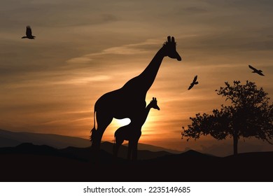 Vector silhouette of giraffe on sunset background. Symbol of savanna and Africa.