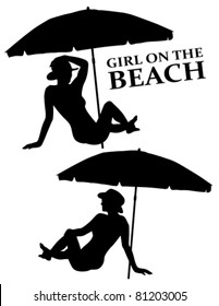 Vector silhouette of a girl with beach umbrella.