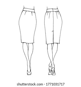
Vector silhouette of a girl below the belt, classic strict skirt. Fashion, style.