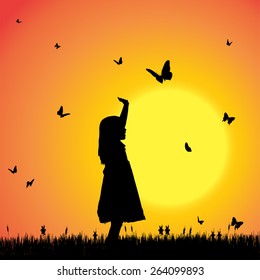 Vector silhouette of a girl with butterflies.