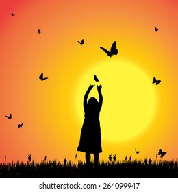 Vector silhouette of a girl with butterflies.