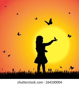 Vector silhouette of a girl with butterflies.