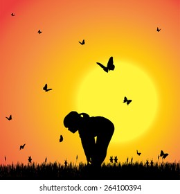 Vector silhouette of a girl with butterflies.