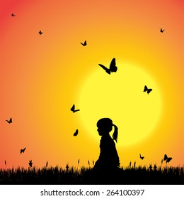 Vector silhouette of a girl with butterflies.