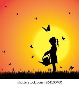 Vector silhouette of a girl with butterflies.