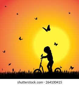 Vector silhouette of a girl with butterflies.