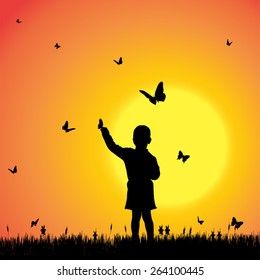 Vector silhouette of a girl with butterflies.