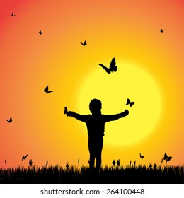 Vector silhouette of a girl with butterflies.