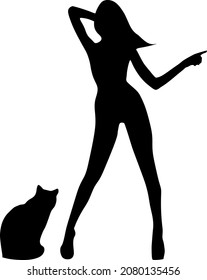 vector silhouette of a girl with a cat