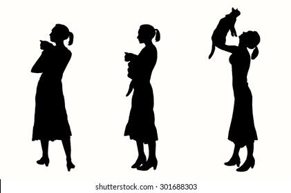 Vector silhouette girl with a cat