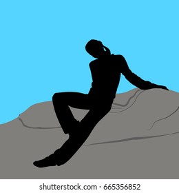  Vector silhouette, girl at the cliff