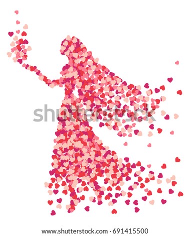 Vector silhouette girl of a confetti splash, hand drawn. Valentines Day background congratulation card. Heart shape of a lot of small hearts on a white background. Girl keep heart splash on hand.