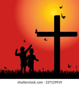 Vector silhouette girl at the cross at sunset.