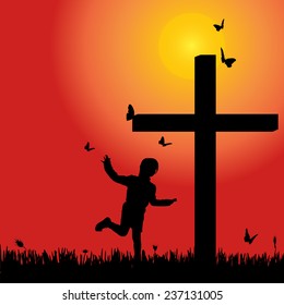 Vector silhouette girl at the cross at sunset.