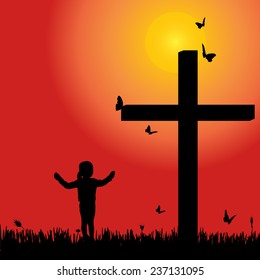 Vector silhouette girl at the cross at sunset.