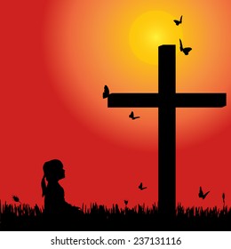 Vector silhouette girl at the cross at sunset.