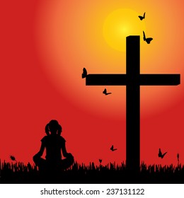 Vector silhouette girl at the cross at sunset.