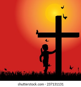 Vector silhouette girl at the cross at sunset.