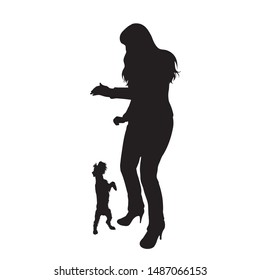 Vector silhouette of girl dance with her dog on white background. Symbol of friends, care, animal, woman, female, pet.