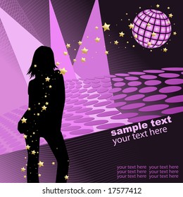 Vector - Silhouette girl dancing in disco party environment. Can be used as poster.