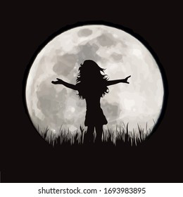 Vector silhouette of girl dancing on moon background. Symbol of night.