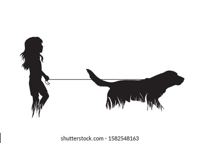 Vector silhouette of girl with dog in the grass on white background. Symbol of people, child, animal, pet, training, nature, park, garden.