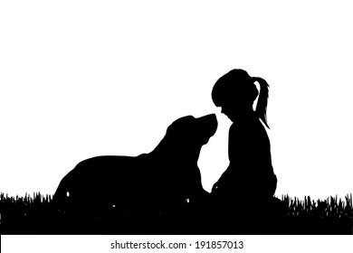 Vector silhouette of girl with dog on a white background. 