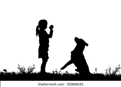 Vector silhouette of a girl with a dog on a white background.
