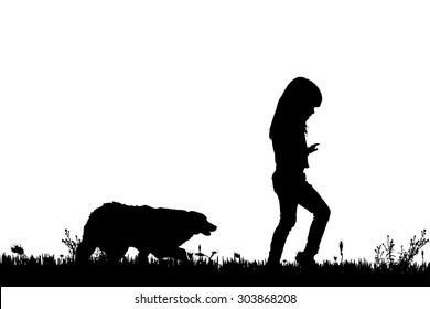 Vector silhouette of a girl with a dog on a white background.