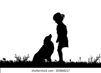 Vector silhouette of a girl with a dog on a white background.