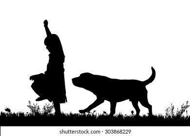 Vector silhouette of a girl with a dog on a white background.